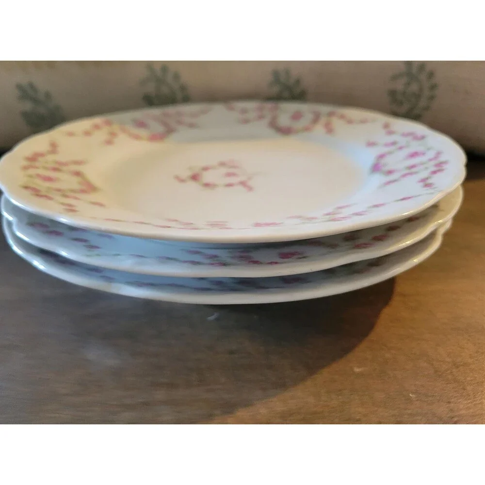 Antique KPM Porcelain Luncheon Plates: Rose Swag Decor, Set of 3